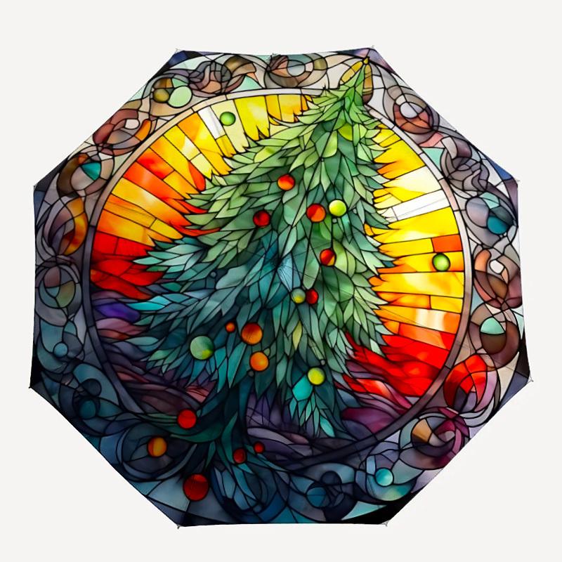 1pc Christmas Tree Stained Glass Automatic Open/Close Umbrella, Portable Folding Umbrella, Compact Travel Umbrella for076
