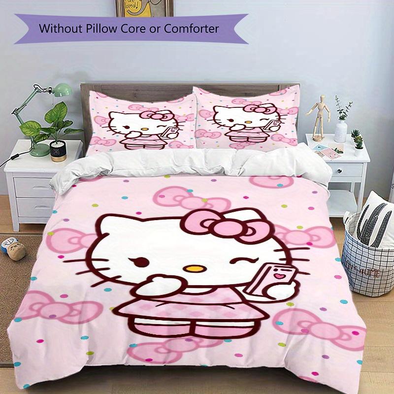 3pcs Sweet Hello Kitty Printed Bedding Set, Soft and Comfortable Quilt Cover for Bedroom, Guest Room (1 Duvet Cover + 2 Pillowcases, Pillow