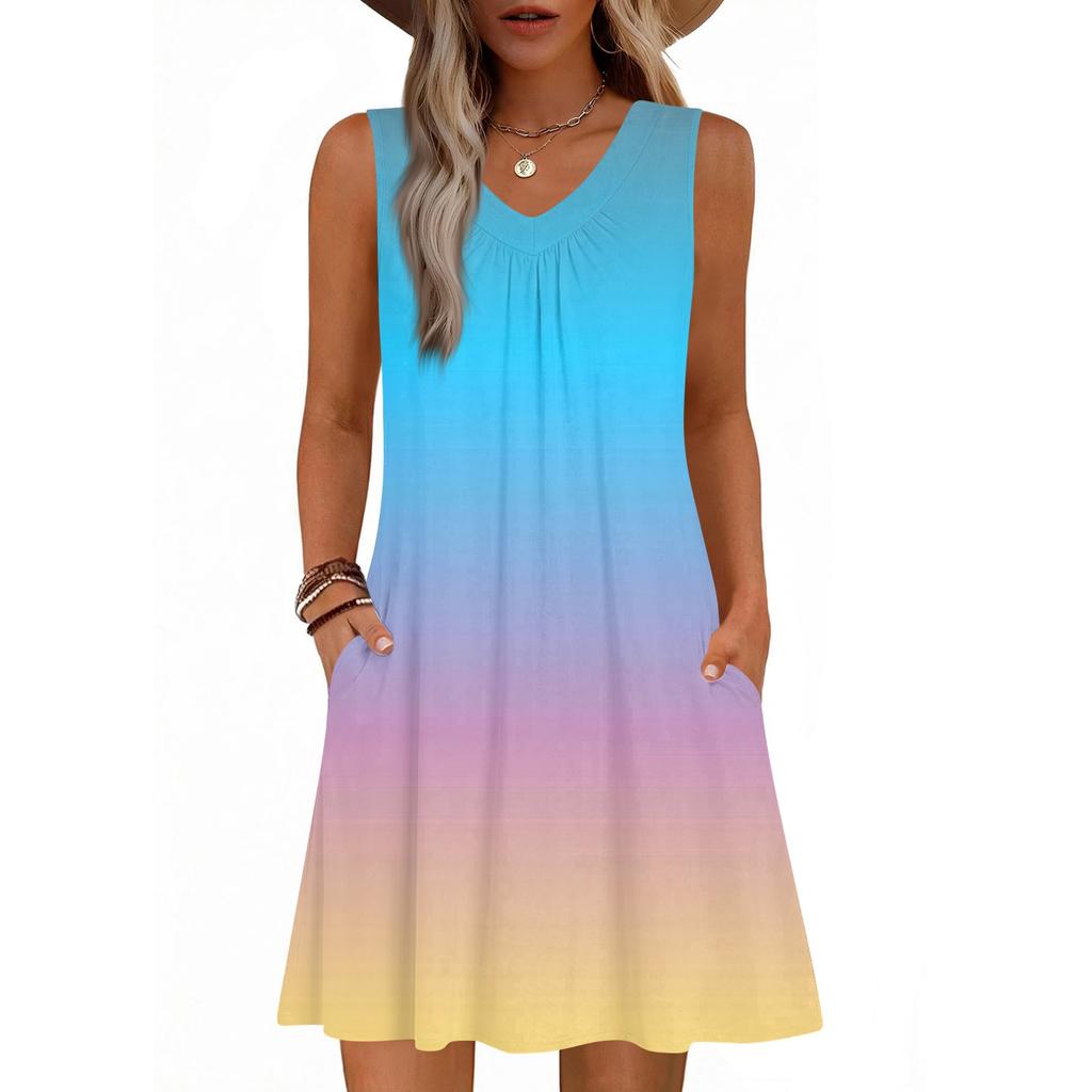 Dámské módní letní tílko bez rukávů s V-výstřihem, s kapsou, ležérní volné šaty