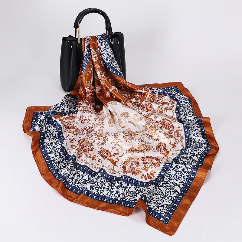 90*90CM Classic Paisley Print Square Scarf Soft Satin Bandana Vintage Windproof Head Wrap Casual Shawl Travel Beach Towel
