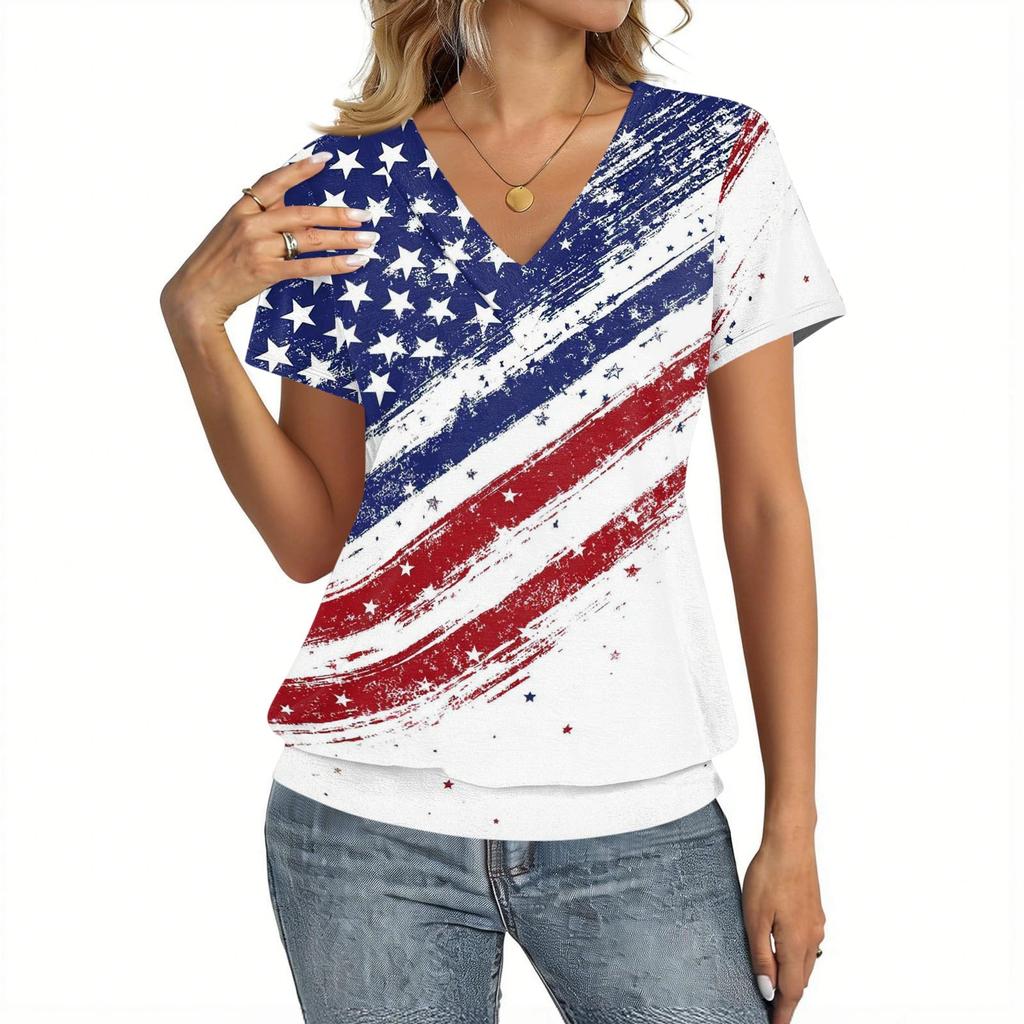 Women's Casual Short Sleeve V Neck Top American Flag Print Lightweight Summer Shirt Comfortable Fit