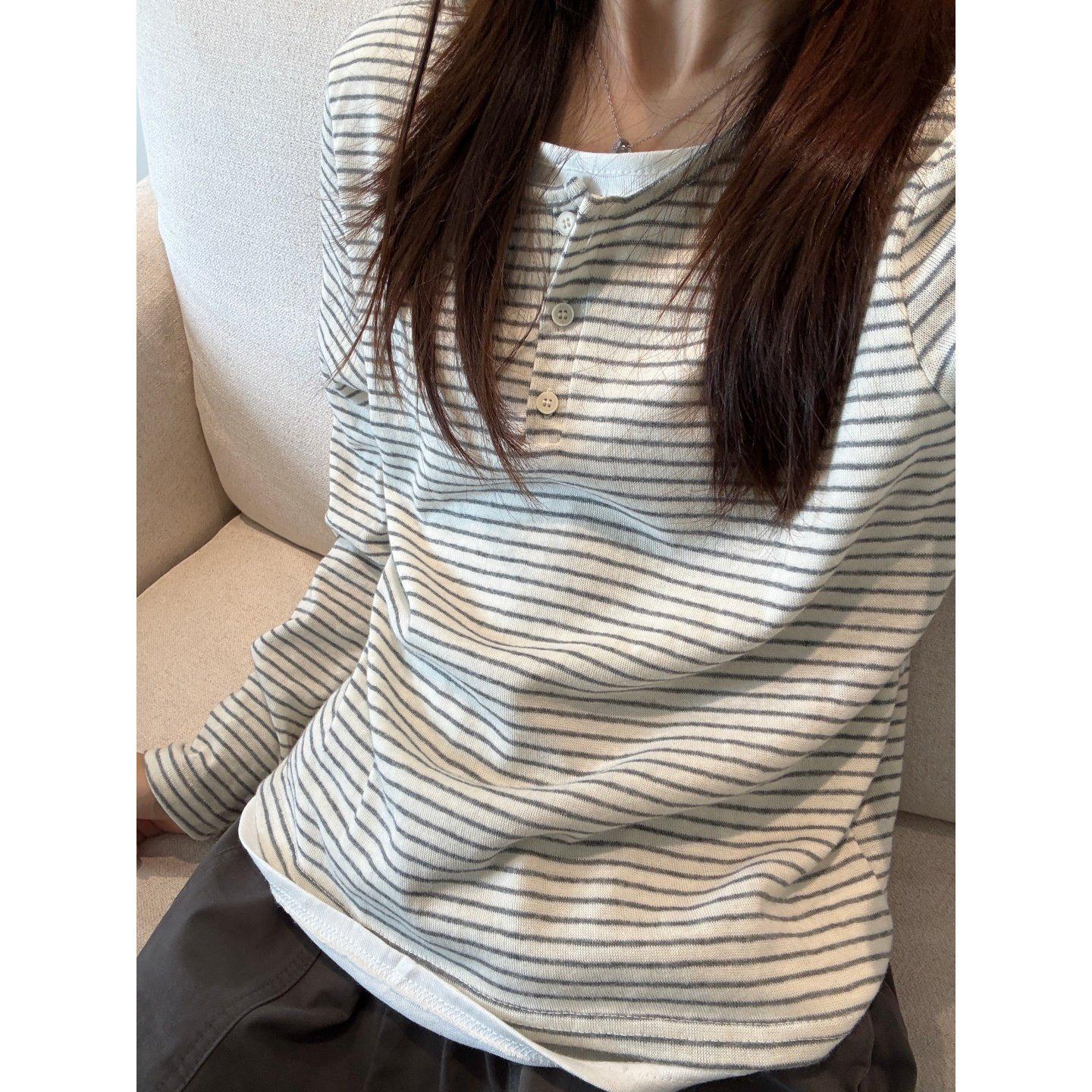 Korean Retro Henley Collar Striped Long Sleeve Top – Women s Loose Early Autumn Niche Style XL