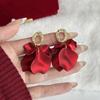 Red French Retro Angora Silver Needle Earrings - Elegant High-End Women's Fashion