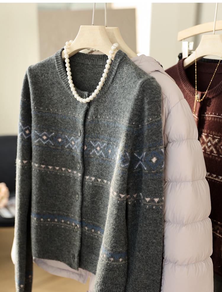 Women's Retro Fair Isle Wool Jacquard Round Neck Loose Cardigan Sweater, Autumn Collection