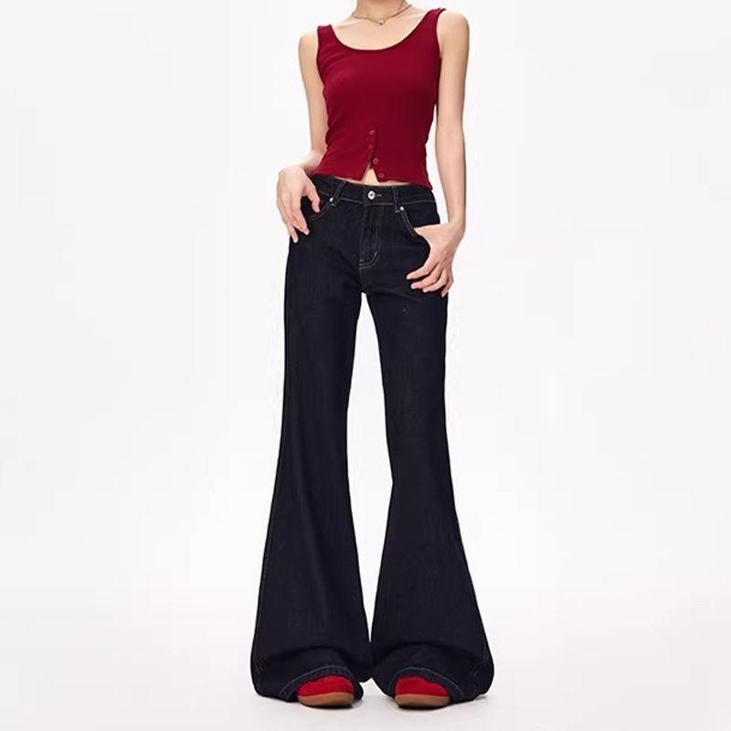 Autumn new low-rise retro micro-pull jeans women's dark blue loose and thin wide-leg floor-mopping horn trousers