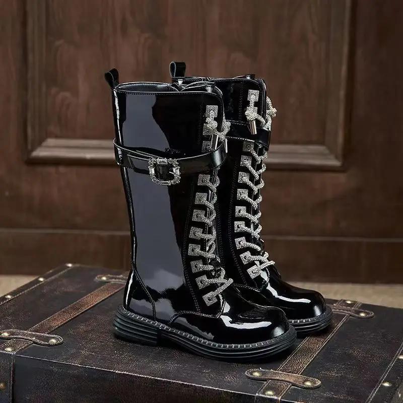 Autumn/Winter New Girls' High Barrel Boots Fashionable Diamond Shoe Buckles Trendy Leather Boots Children's Show Long Boots