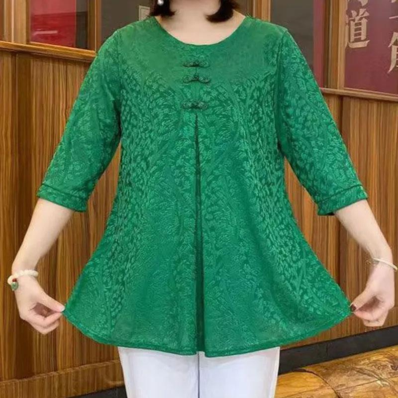 

Повсякденна китайська блуза на дискових ґудзиках, вінтажна жіноча мода, жакардове плетіння, весна-осінь, з круглим вирізом, повсякденна сорочка з рукавом три чверті 5XL зелений