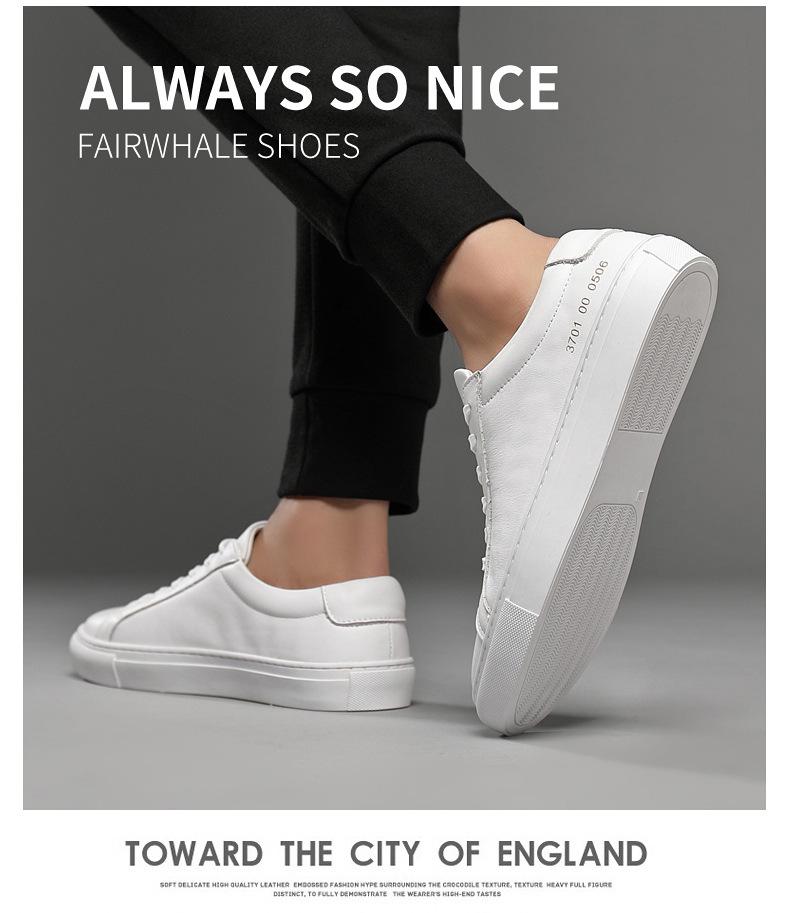 Men's Casual White Cowhide Shoes - Versatile Korean Style, Small Round Toe, Plus Size Trend