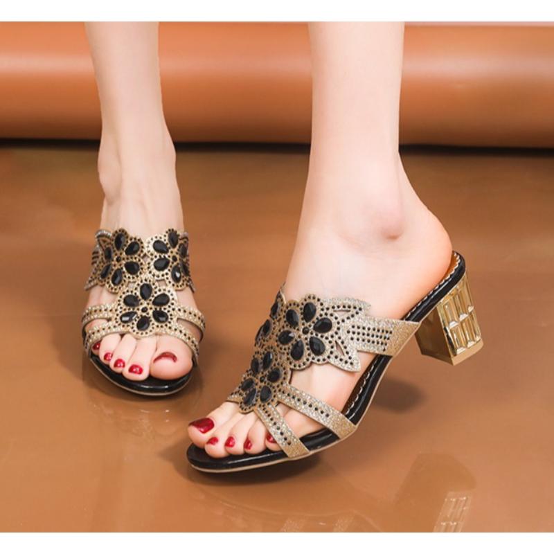 Summer Shoes for Women 35-42 Summer Elegant Bohemia Rhinestone Sandals for Women Thick High Heels Sandals Slip on Beach Slippers