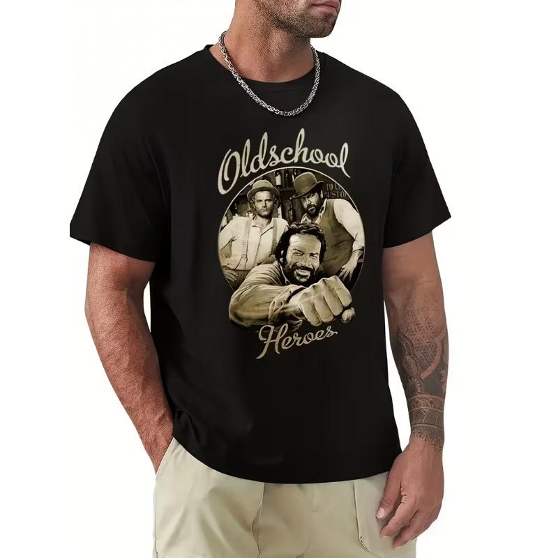 Europäische Größe Herren Retro Western Style Print T-Shirt - Schwarze Basis mit Beigem Druck - Hardcore Actionheld Design - Weiches Atmungsaktives Street Style Oberteil