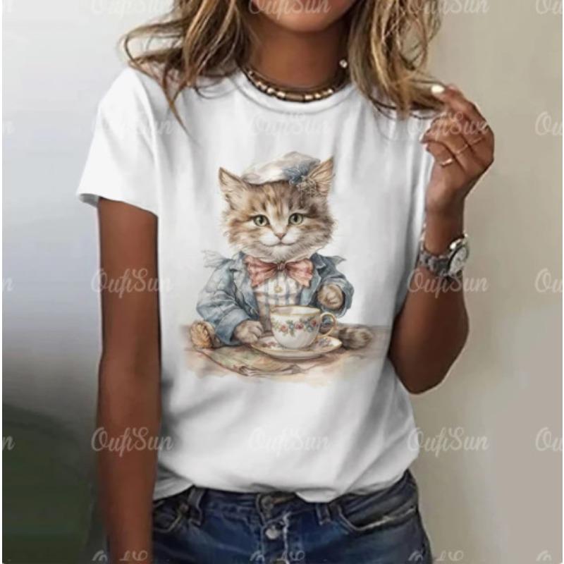 Summer Round Neck T-shirt with 3D Digital Printed Short Sleeves for Cats Loose Comfortable Round Neck T-Shirts Women’s