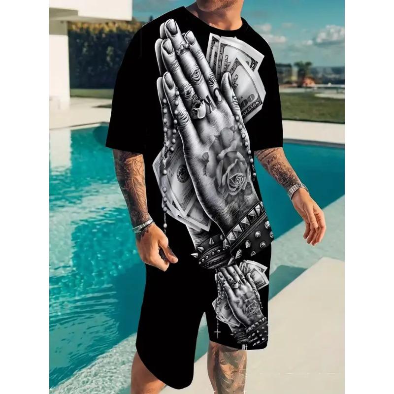 Men s fashionable casual round neck printed short-sleeved suit S