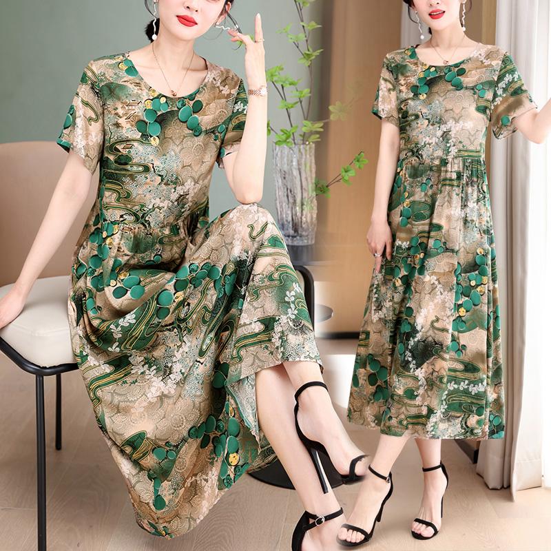 Elegant Long Dresses Women Summer Casual Short Sleeve Vintage Dress Korean Style O-Neck Female Clothing