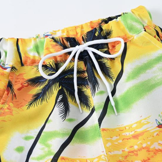 Toddler Boy Hawaiian Outfit Set Sunset Palm Leaves Shirt Shorts Kids Seaside
