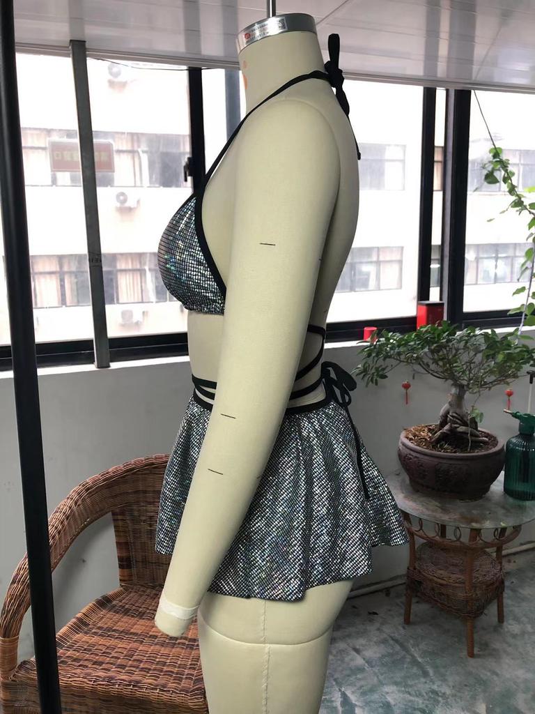 3 Pieces Bikini Dress Sexy Women Swimsuits Female Swimwear Sparkling Silver Bikinis Set Summer Biquini Swimming Suits Beachwear