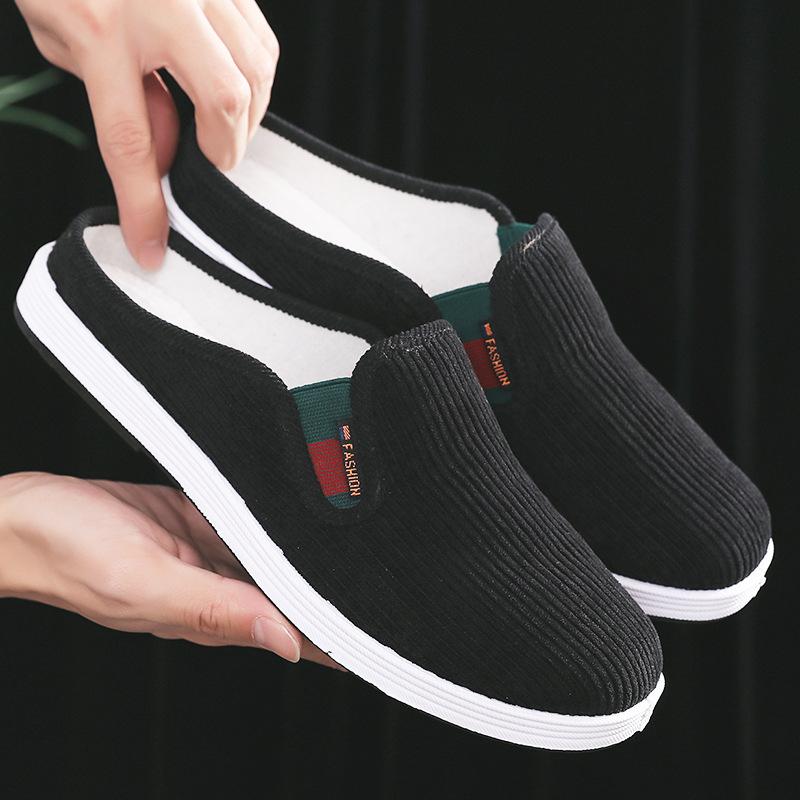 Men's Summer Old Beijing Cloth Slippers Breathable Comfortable Backless Slip-On Casual Shoes Outdoor Lazy Half Open Back Design