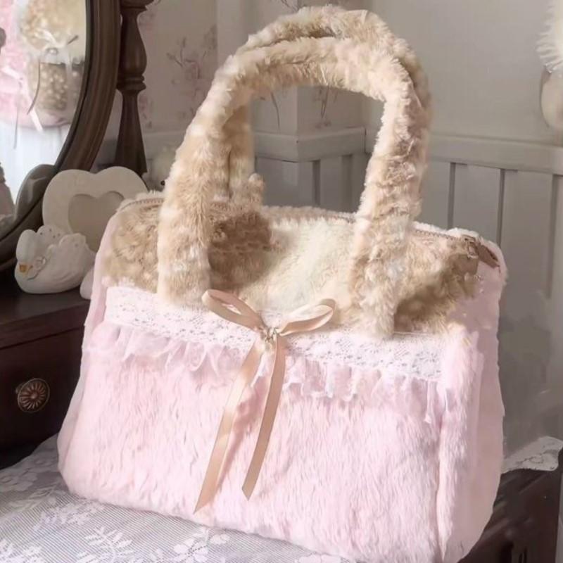 Sweet Cute Plush Bow Tote Bag Women Ballet Style Lace Color Block Large Capacity Shoulder Bags Ladies Harajuku Versatile Handbag