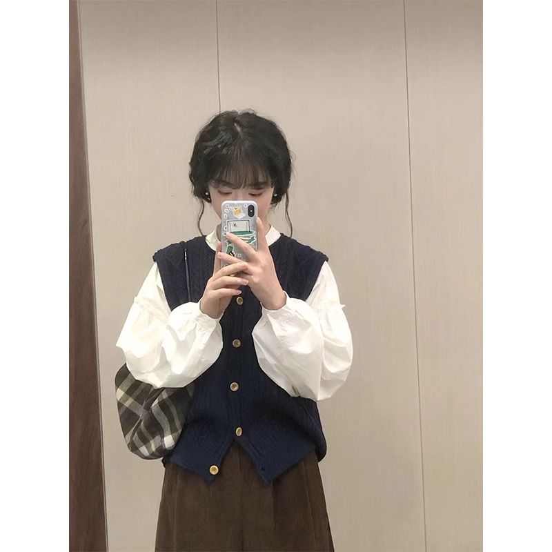 

Корейская серия Нежный ветер Безрукавка Вязаный жилет Женский 2025 Весна Жилет С запахом Свитер Кардиган Уличный Navy blue vest S