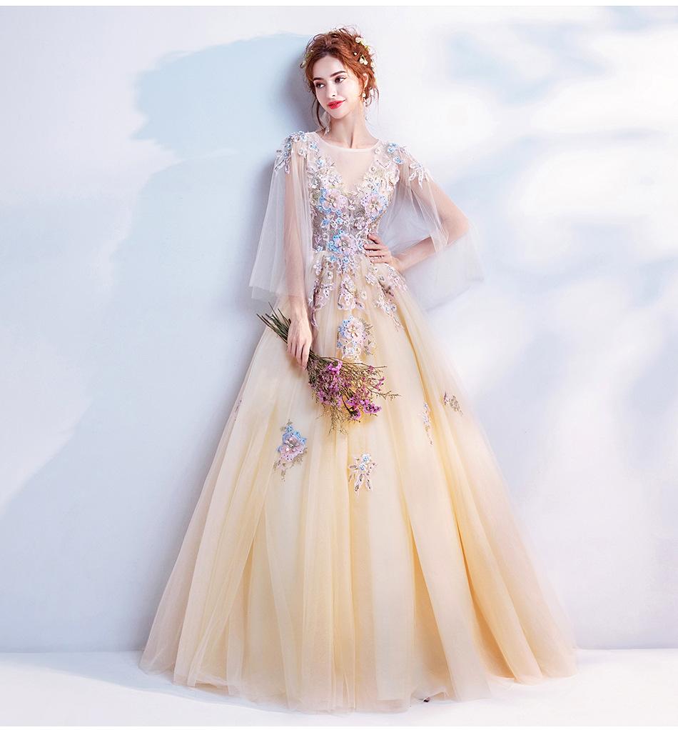 1011 Sommer Neu Helles Gold Braut Langarm Dinner Kunst Test Bankett Aufführung Laufsteg Brautjungfer Abendkleid