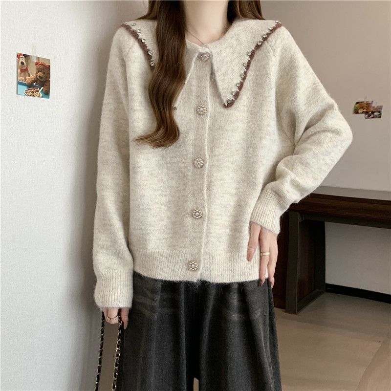 Women's Korean Style Casual Doll Collar Sweater Jacket Loose Beaded Sweater Cardigan Top