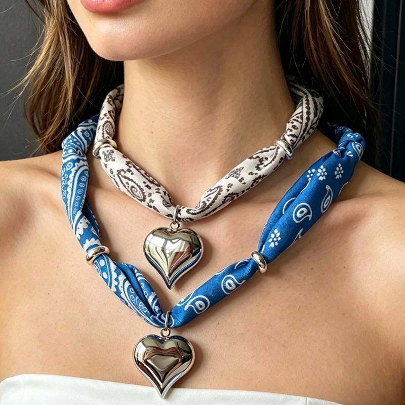 Cutie Bandana Scarf Necklace With Stainless Steel Heart Charm Handmade Jewelry Gift For Mother Wife Girls