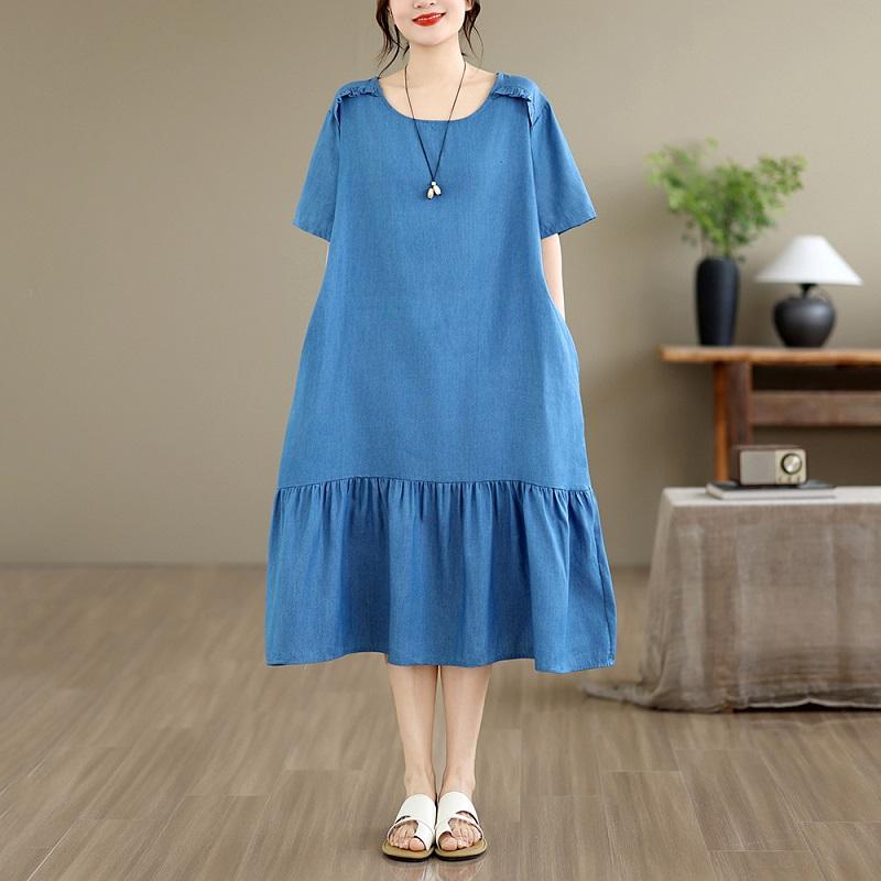 Sukienka damska z krótkim rękawem, plus size, dżinsowa, vintage, nowa, sukienki dla kobiet, codzienna, luźna, długa sukienka letnia