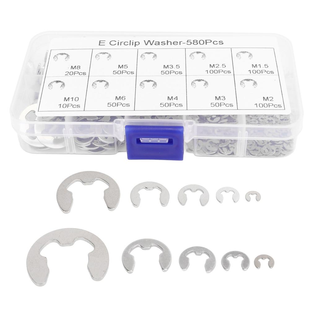 580Pcs E Circlip Washer Set with Storage Box Stainless Steel Firm Fixing E Type Retaining Washer