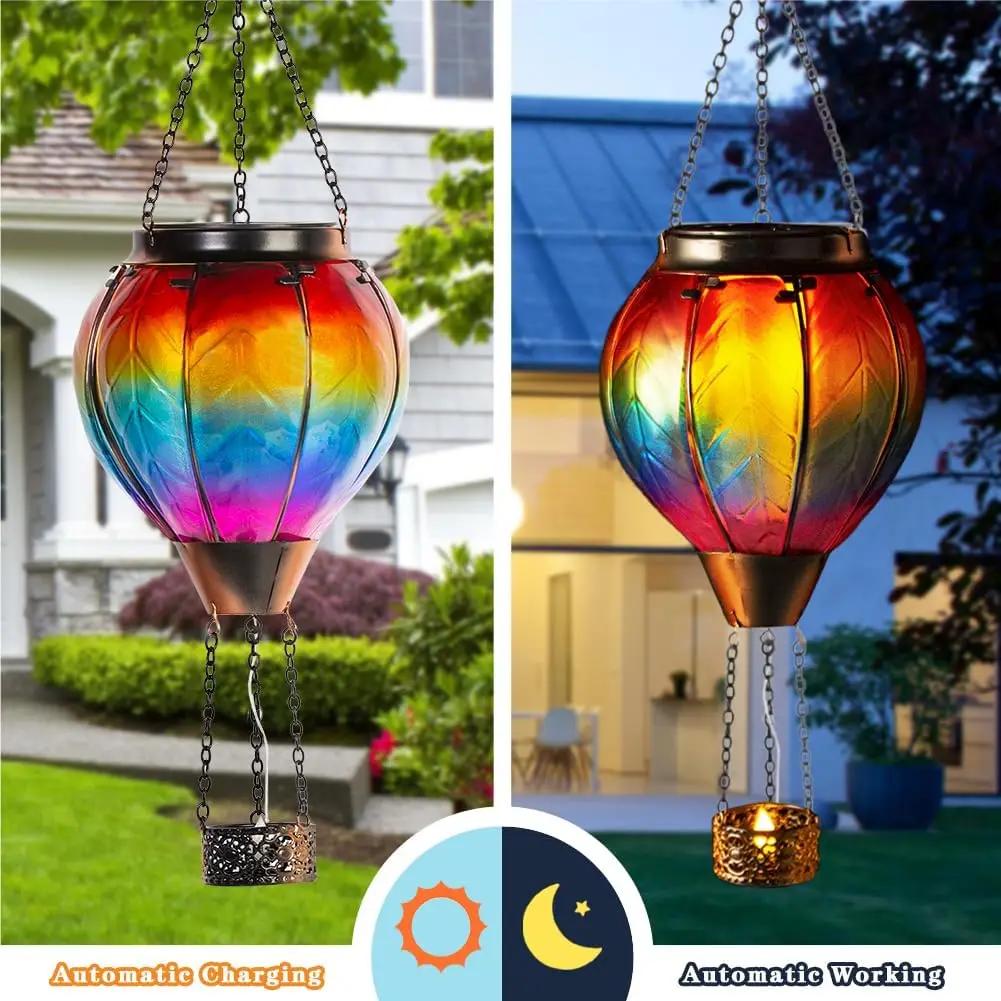 Solar Hot Air Balloon Outdoor LED Flame Appearance Hanging Lantern Decorative Light for Patio Garden Porch Yard Flickering