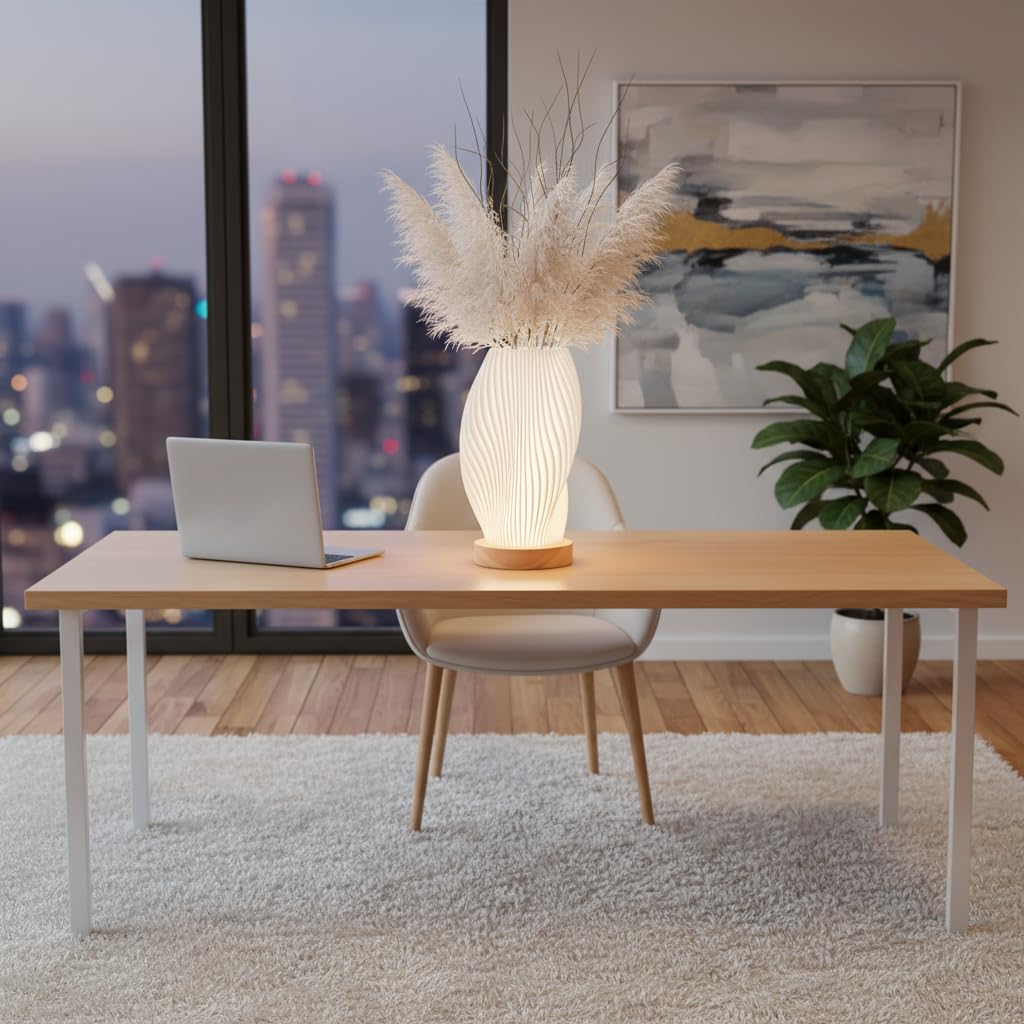 Tafunker Modern Table Lamp with Wooden Base, Decorative Mesh Pattern, Warm White Light for Bedside (Wave Pattern, Large)