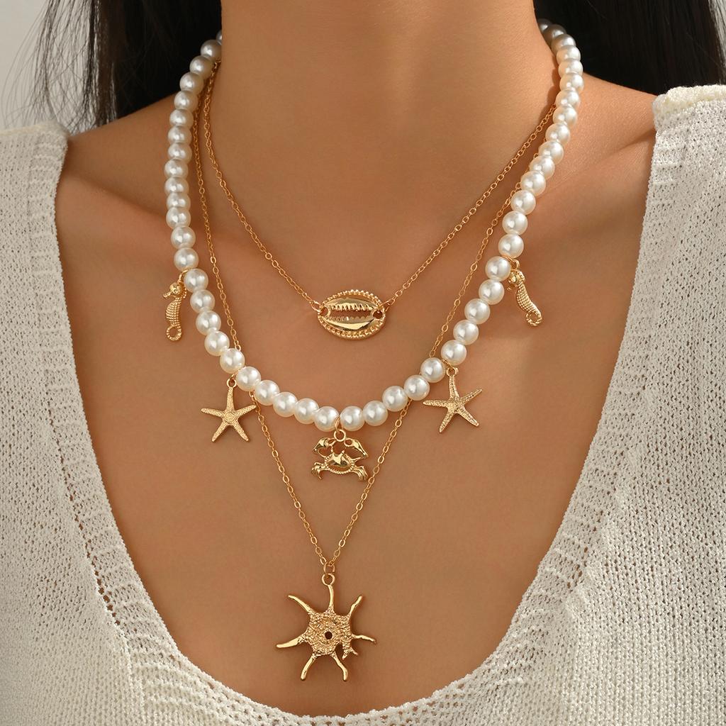 Ocean Wind Multi-element Crab Scallop Starfish Seahorse Necklace Elegant Imitation Pearl Multi-layer Stacked Necklace Women