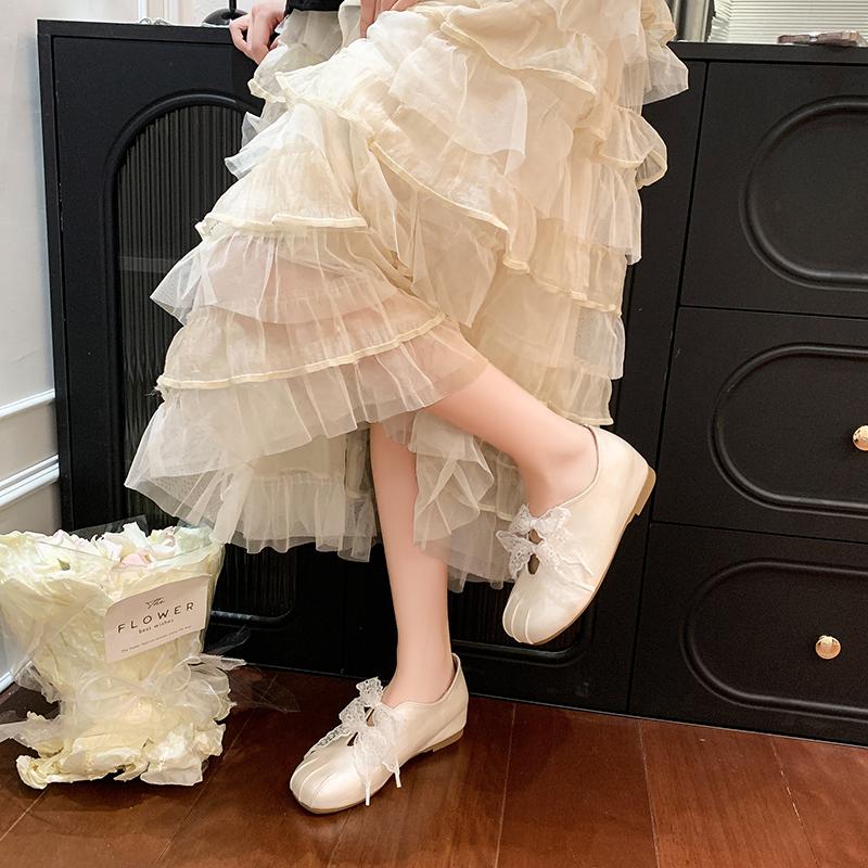 Fashion Flat Ballet Lace Single Shoes Women's Autumn New Outside Wear Square Toe Shallow Mouth Butterfly with Skirt Mary Jane Shoes