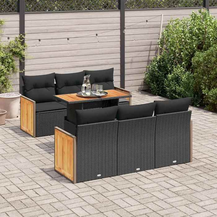 VidaXL Salon de jardin avec coussins 7 pcs noir résine tressée acacia 3327667