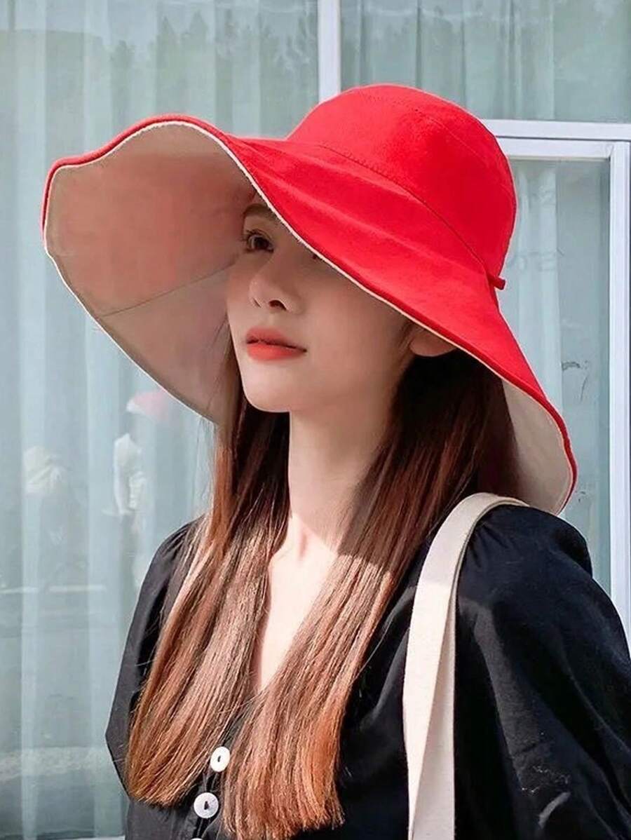Womens Wide Brim Reversible Sun Hat Polyester Bucket Hat For Summer Casual Outdoor