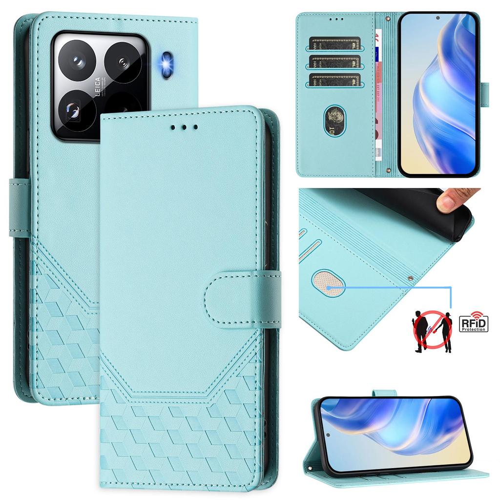 For Xiaomi 15 Pro Case Imprinted Honeycomb RFID Blocking Leather Phone Cover with Strap