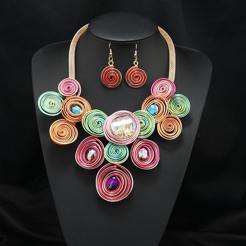 Exaggerated Fashion Crystal Multi-layer Necklace Earrings Set Female Handmade Tribe Festival Stage Accessories