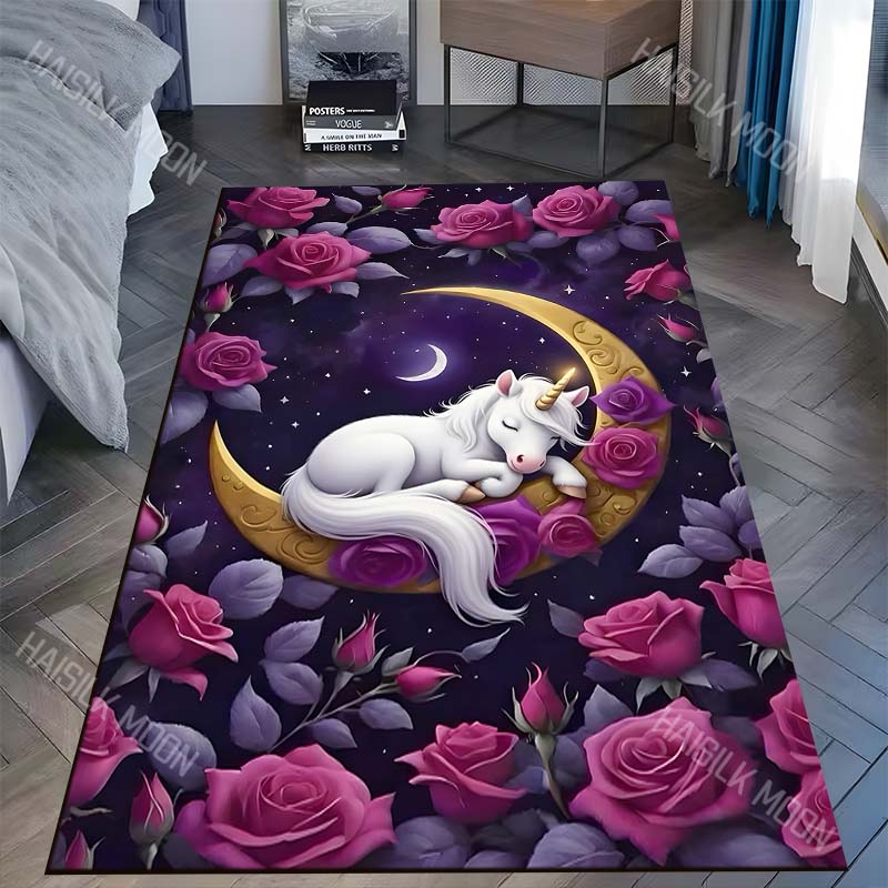

Sleeping unicorn on crescent moon with roses Carpet for Living Room Bedroom Sofa Home Decor Rus Non-slip Floor Mat Luxury Gift 40x60cm