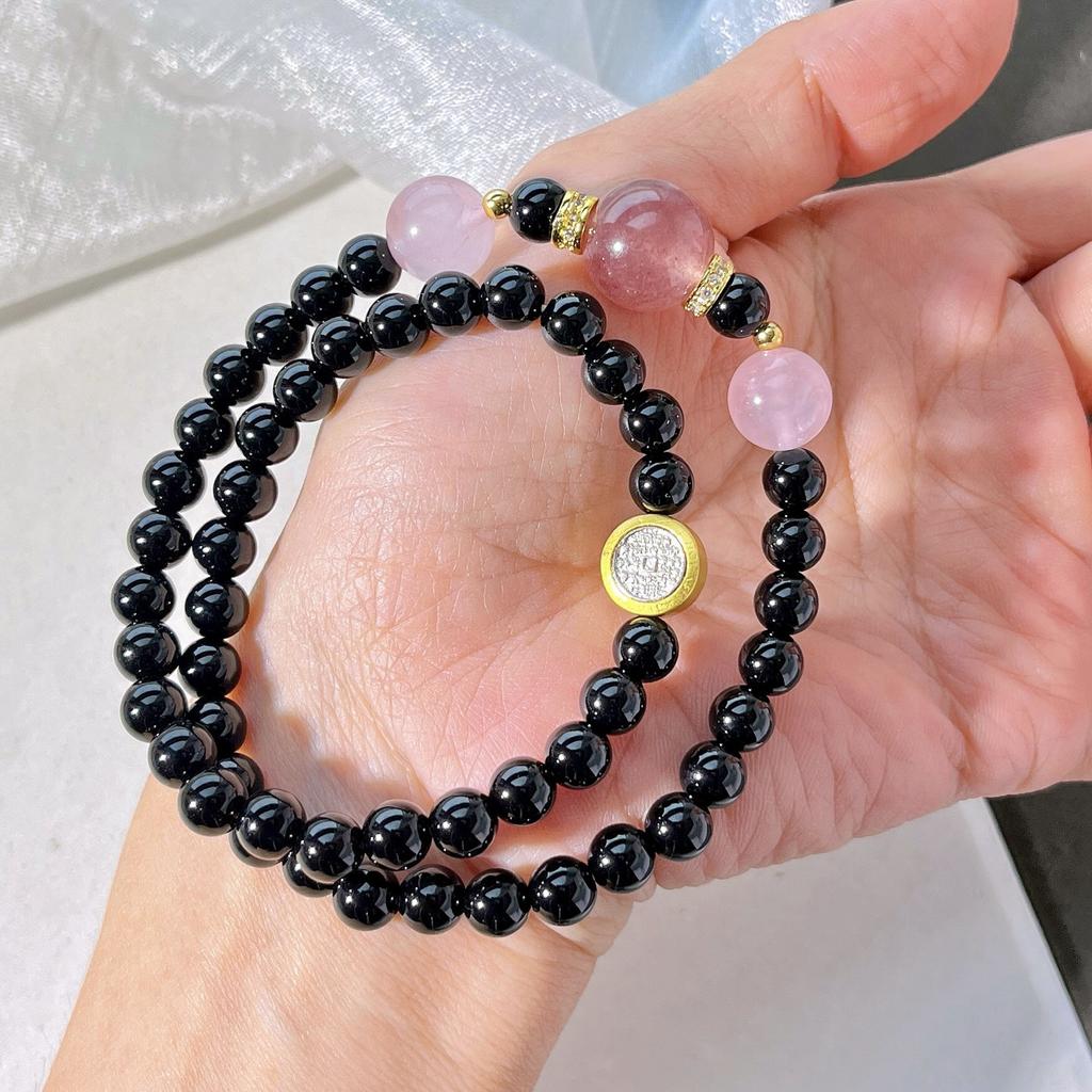 6Mm Natural Black Agate Powder Crystal Strawberry Crystal Multi-Circle Design Bracelet Bracelet