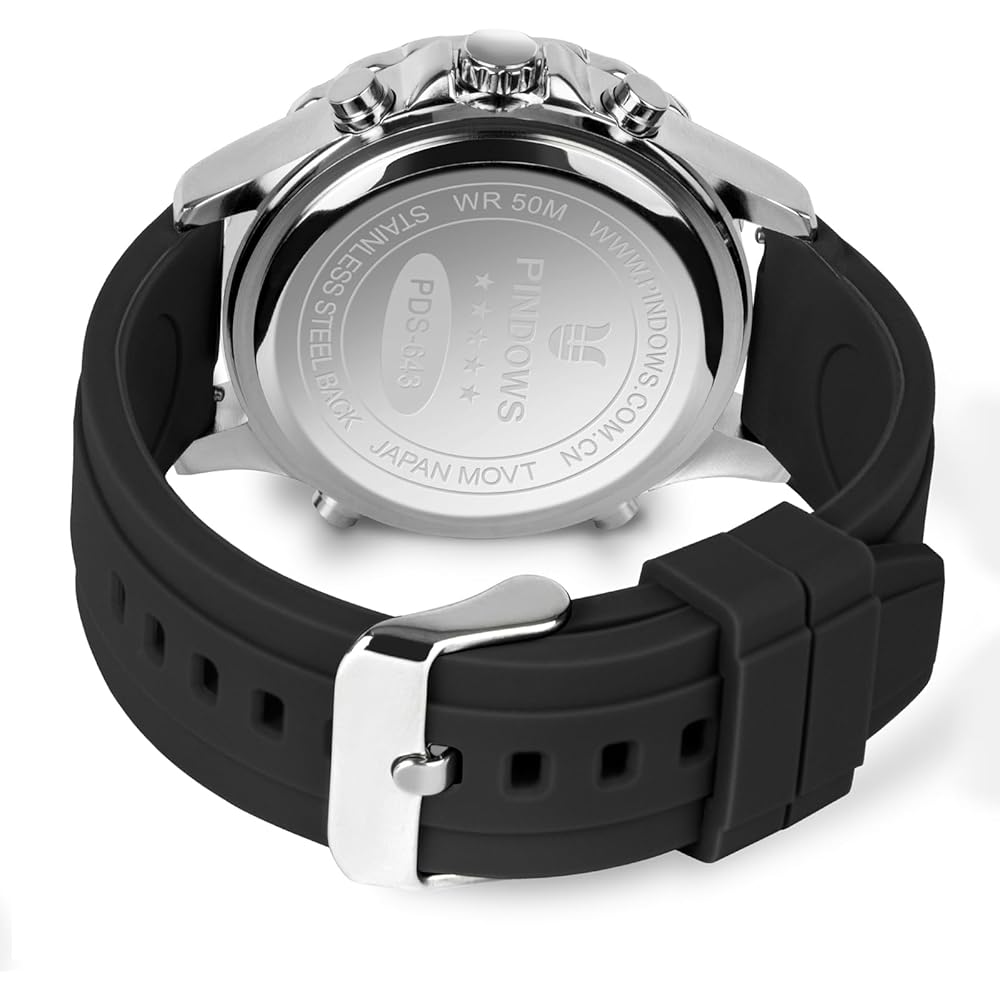PINDOWS Men's Diamond Business Dress Analog Quartz Watch Luminous Waterproof Classic Stainless Steel Band