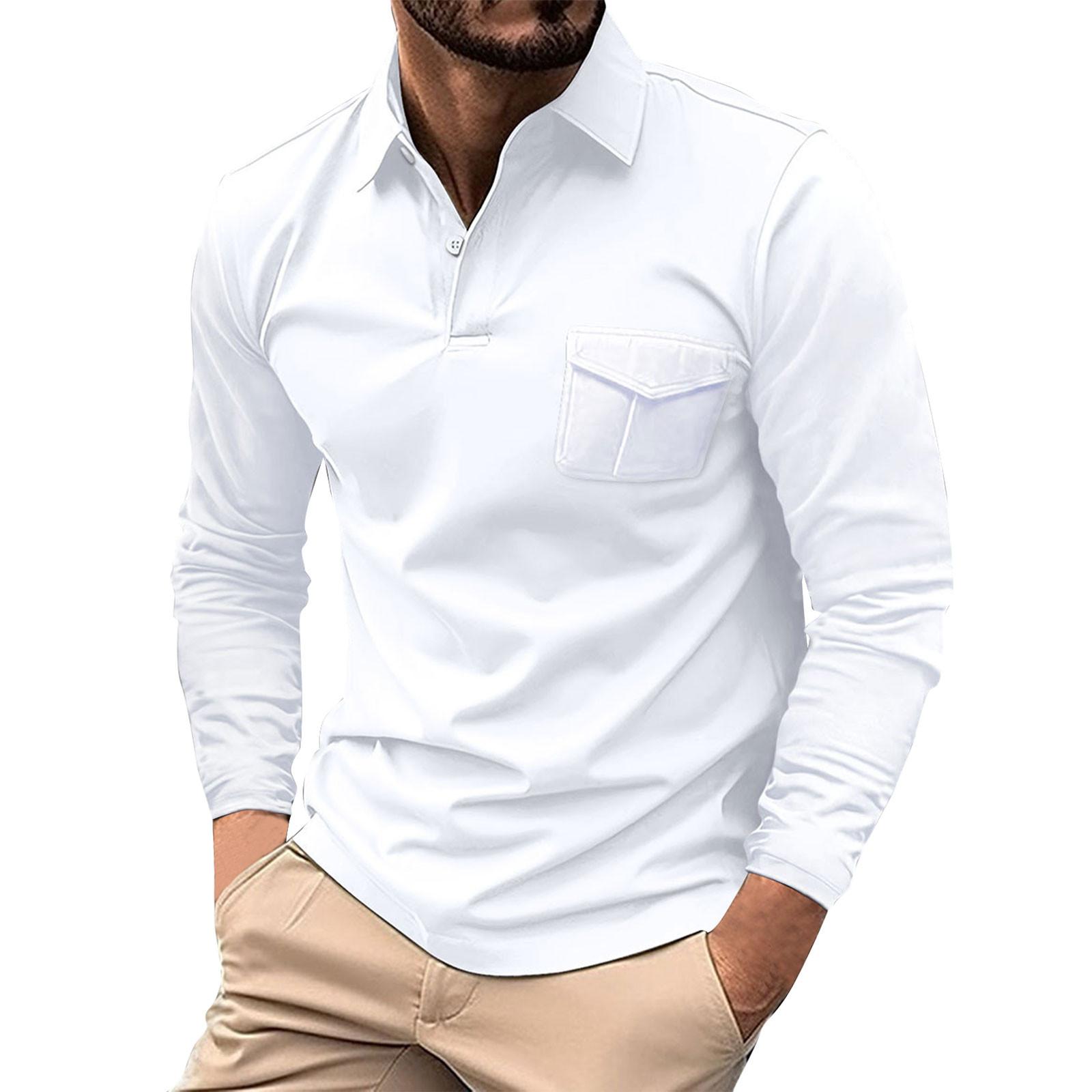

Мужская модная футболка с длинным рукавом и повседневным воротником, спортивная футболка с карманом и ремнем L белый