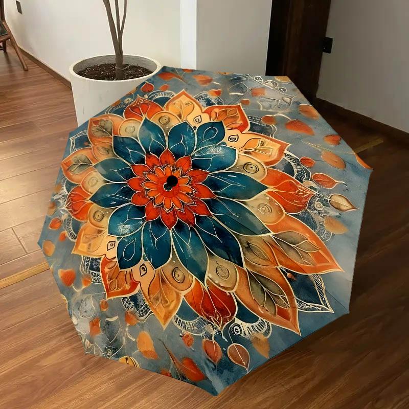 1pc Mandala Leaves Automatic Open/Close Umbrella Compact Folding Umbrella with 8-Rib Shaft for Women/Men, Elegant Birthday1326S
