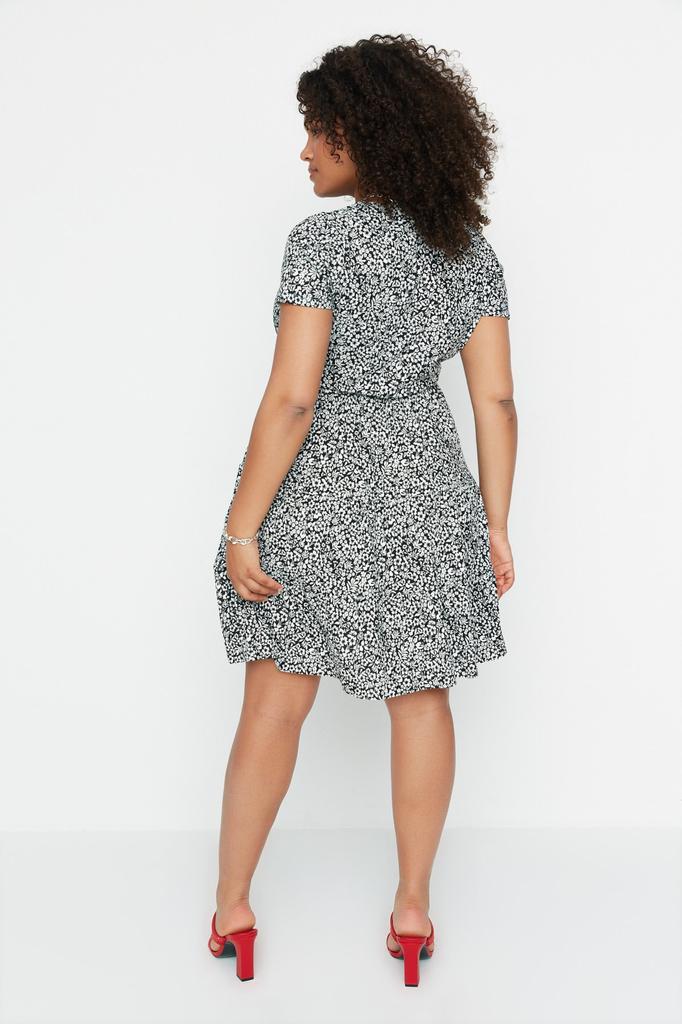 Damenmode Neues Plus-Big-Size-Kleid Grünes Strickkleid mit V-Ausschnitt und Blumenmuster