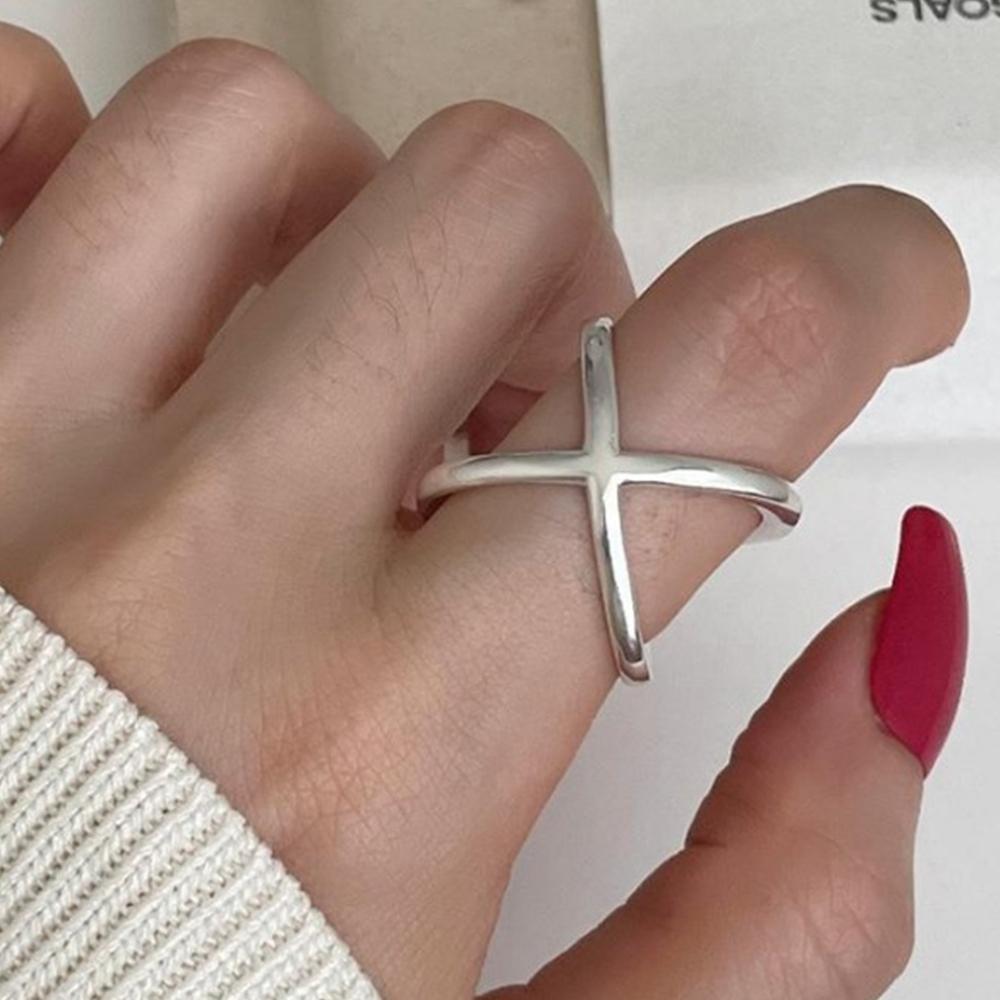 PANJBJ 925 Silver Line Crossing Ring for Women Punk Hip Hop Exaggerate Trend Adjustable Jewelry Party Gift