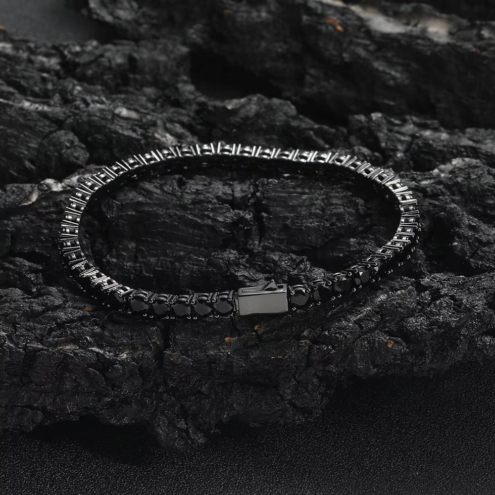 4mm Iced Out Black CZ Tennis Bracelet Spring Clasp Black Gun Plated Brass Hip Hop Jewelry for Women Men