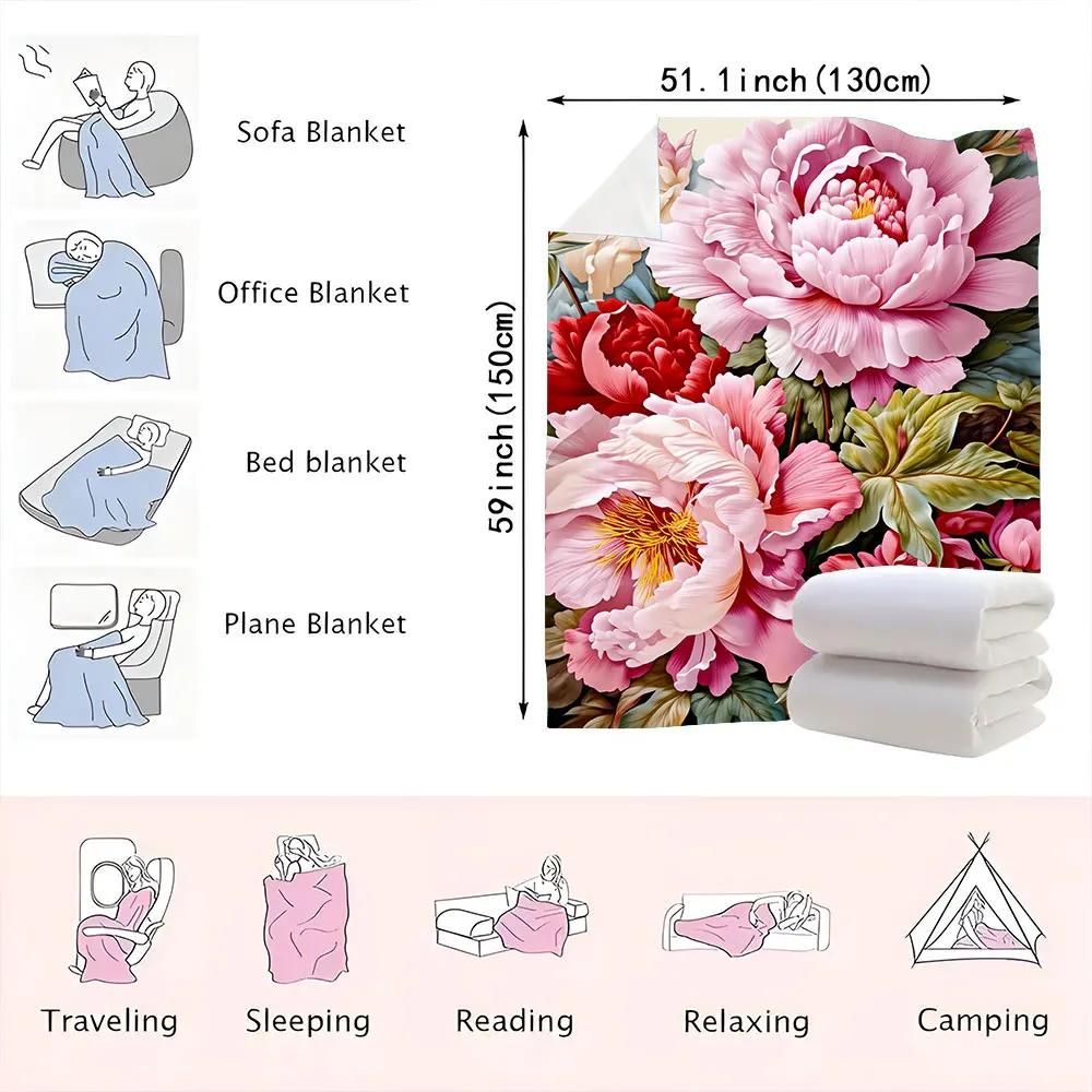 Peony Blush Red Floral Throw Blanket Soft Lush Textured Design with PinkRed Peonies GoldenYellow Stamens Green Leaves