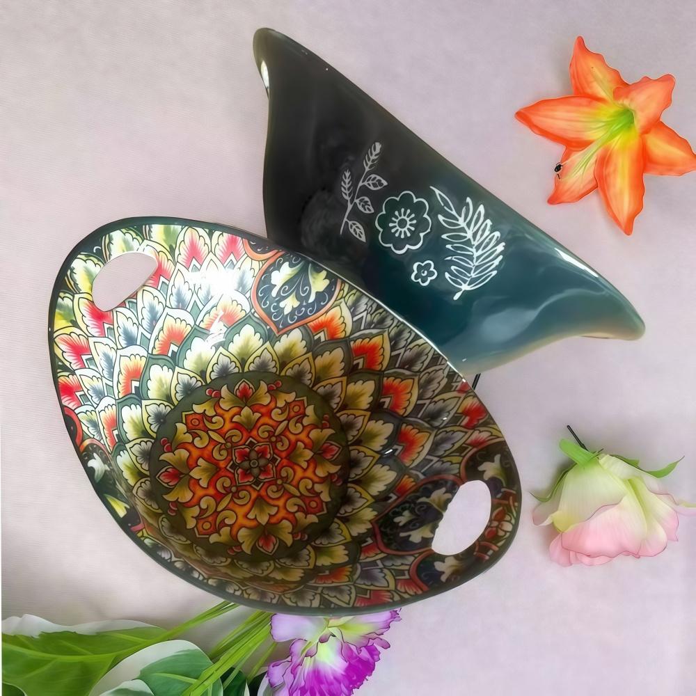 Ceramic Salad Bowl Bohemian Novelty Oval Plate with Handle Microwave Safe Boat-shaped Bowl Stackable Food Bowl Fruit bowl-2PCS