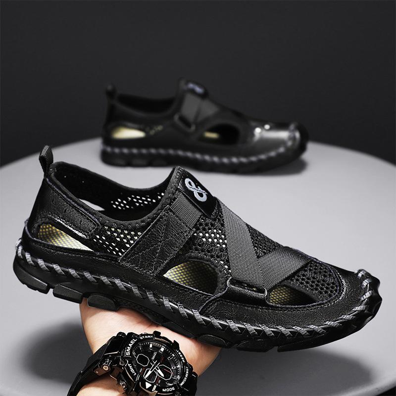 

Hand-stitched men s shoes outdoor casual shoes buckle flat-soled leather shoes summer low-top large-size cross-breathable mesh shoes men 38 чёрный