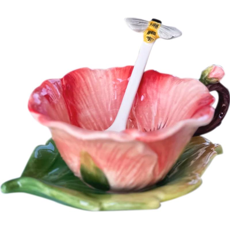 Ceramic Flower Coffee Cup with Saucer and Spoon Exquisite Embossed Leaf and Flower Design Mug for Afternoon Tea or Flower Tea