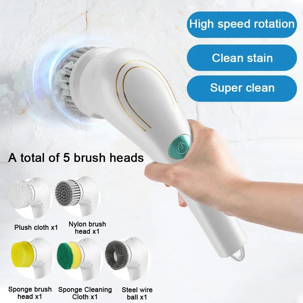 Handheld Electric Cleaning Brush Cordless Spin Scrubbe With 5 Replaceable Brush Heads USB Rechargeable 360°Power Scrubbe