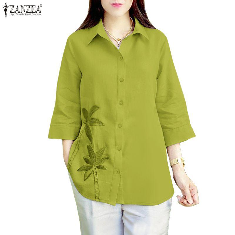 ZANZEA Bluză lejeră casual pentru femei cu guler turn-down și mâneci 3/4 cu imprimeu
