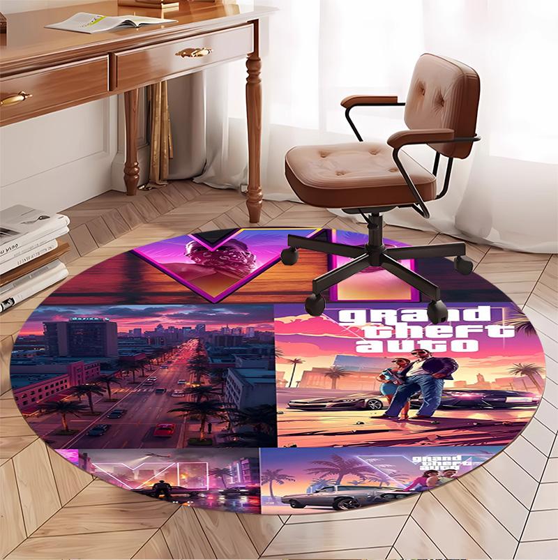 Grand Theft Auto VI Pattern Round Rug, Indoor/Outdoor Mat, for Picnic, Gameroom, Bedroom, Office, Living Room, Home Decor Carpet, Birthday Gift